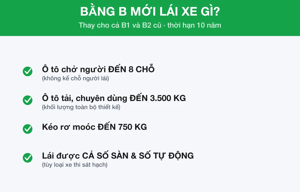 Infographic bằng B mới lái xe gì: ô tô đến 8 chỗ, tải đến 3.500 kg, lái được cả số sàn và số tự động