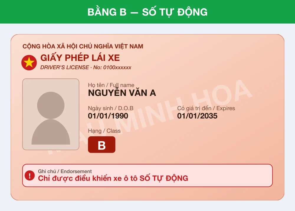 Mẫu minh họa giấy phép lái xe hạng B đào tạo số tự động, ghi chú chỉ được điều khiển xe ô tô số tự động