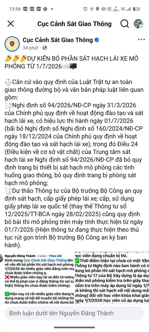Cục CSGT đăng thông tin bỏ phần thi sát hạch mô phỏng từ 01/07/2026