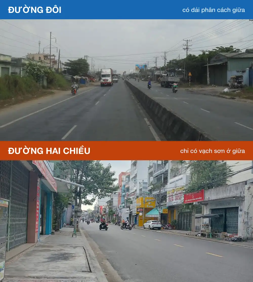 Ảnh thực tế so sánh đường đôi có dải phân cách bê tông ở giữa và đường hai chiều chỉ có vạch sơn vàng