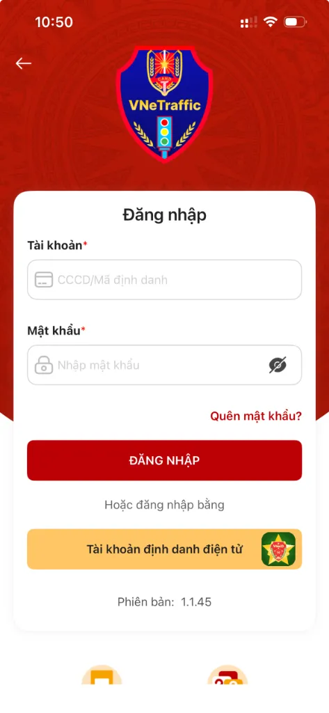 Giao diện đăng nhập ứng dụng VN Traffic