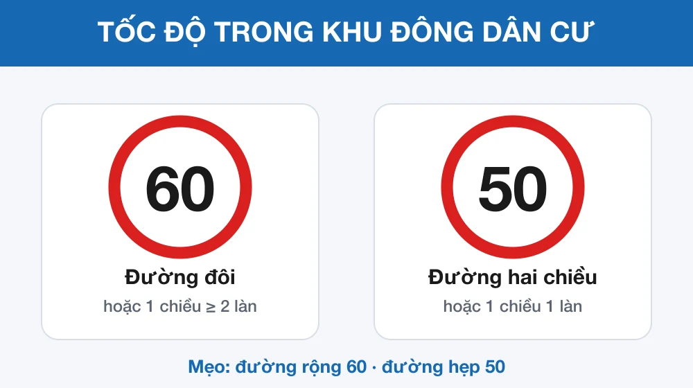 Sơ đồ mẹo nhớ tốc độ tối đa trong khu đông dân cư: đường đôi 60 km/h, đường hai chiều 50 km/h