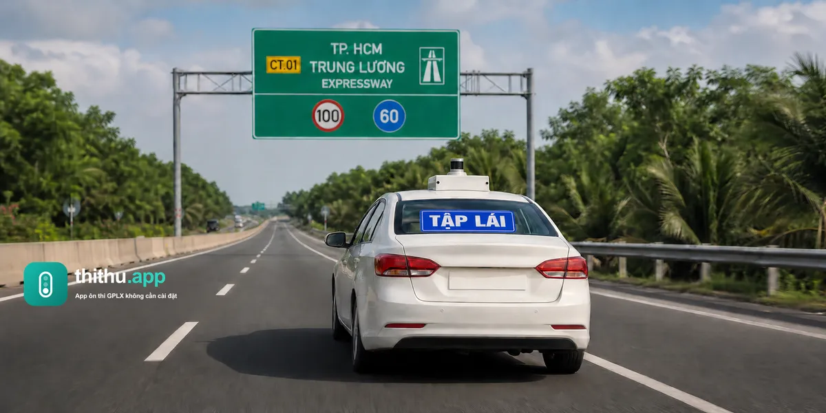 Phía sau xe tập lái có bảng TẬP LÁI đang chạy trên cao tốc TP. HCM Trung Lương