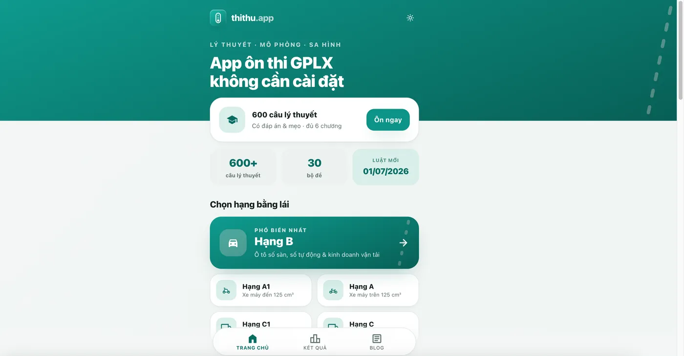 Thiết bị giả lập sát hạch lái xe trên ThiThu.app