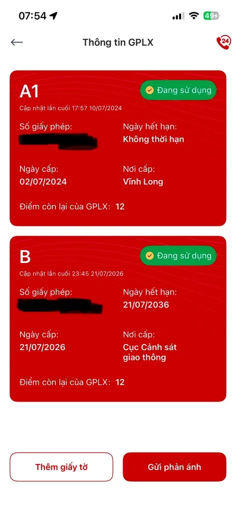 Thông tin GPLX hiển thị trực tiếp trên app VN Traffic