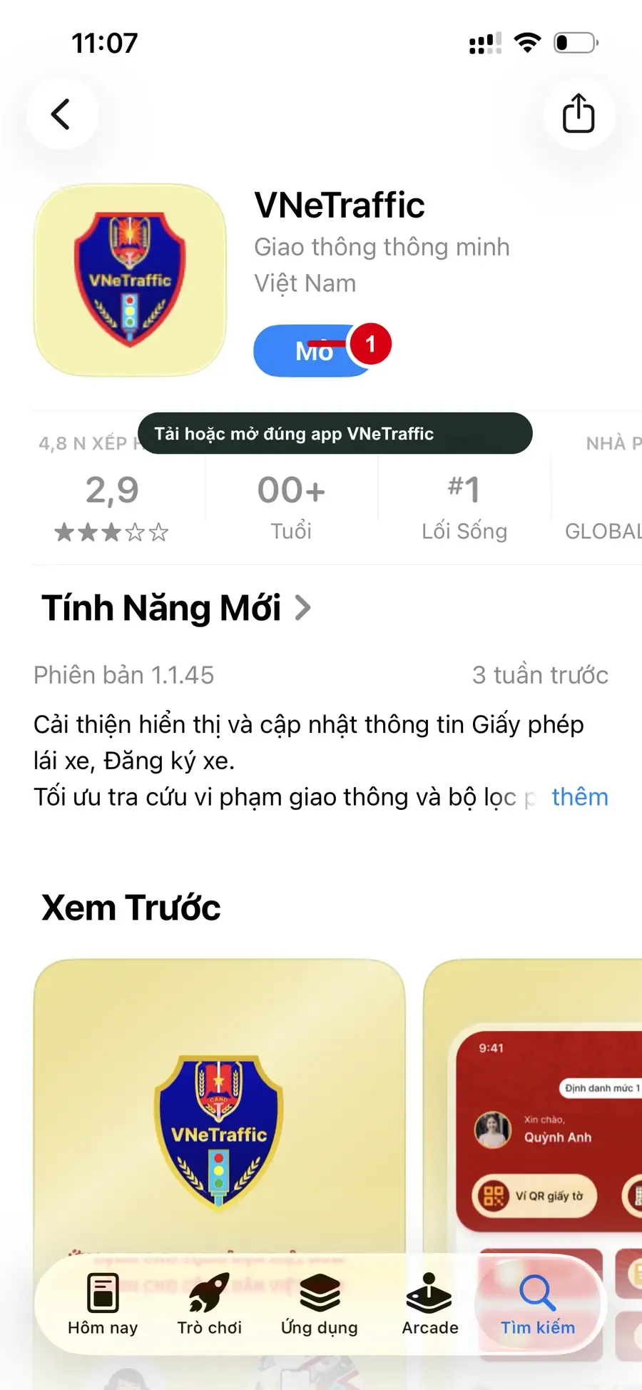 Vị trí tải đúng ứng dụng VNeTraffic trên cửa hàng ứng dụng