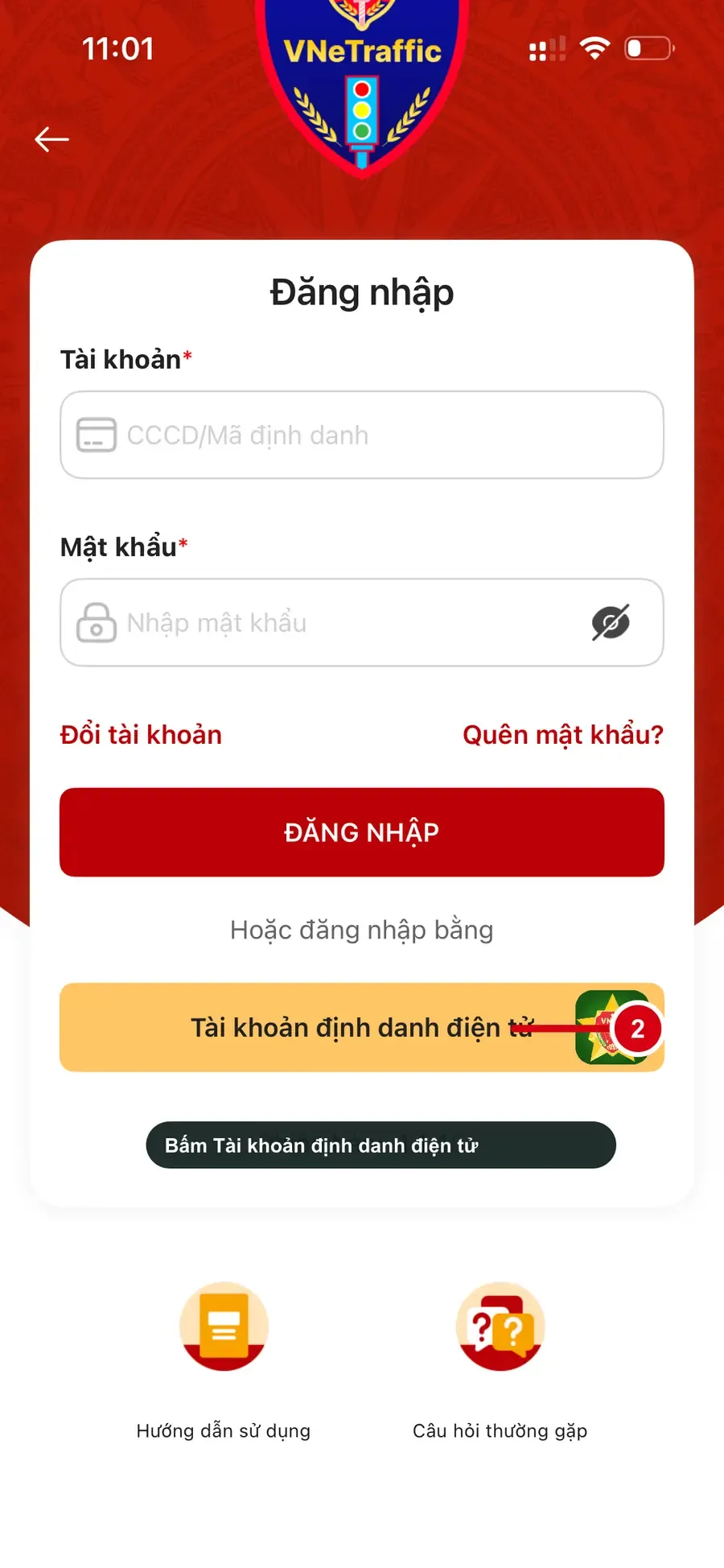 Nút đăng nhập VNeTraffic bằng tài khoản định danh điện tử VNeID