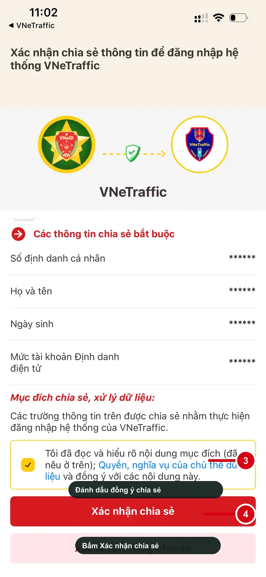 Cách xác nhận chia sẻ thông tin từ VNeID để đăng nhập VNeTraffic