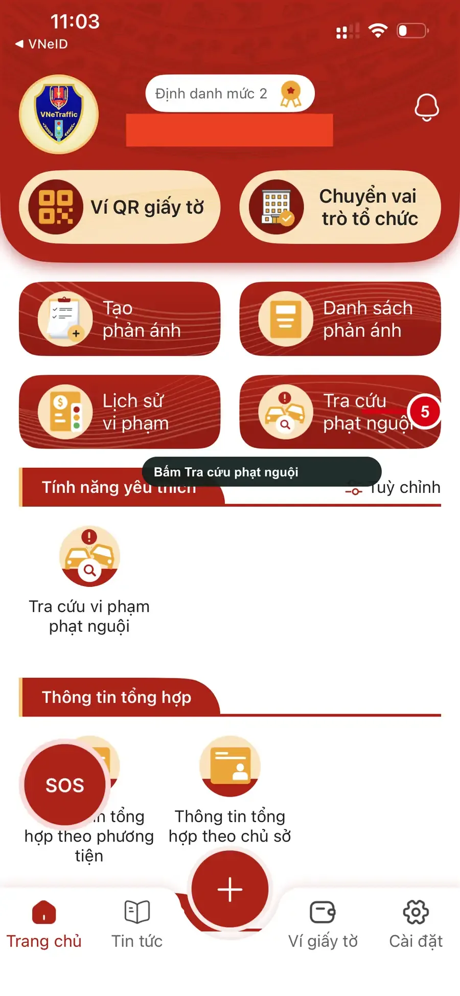 Vị trí mục Tra cứu phạt nguội trên trang chủ VNeTraffic