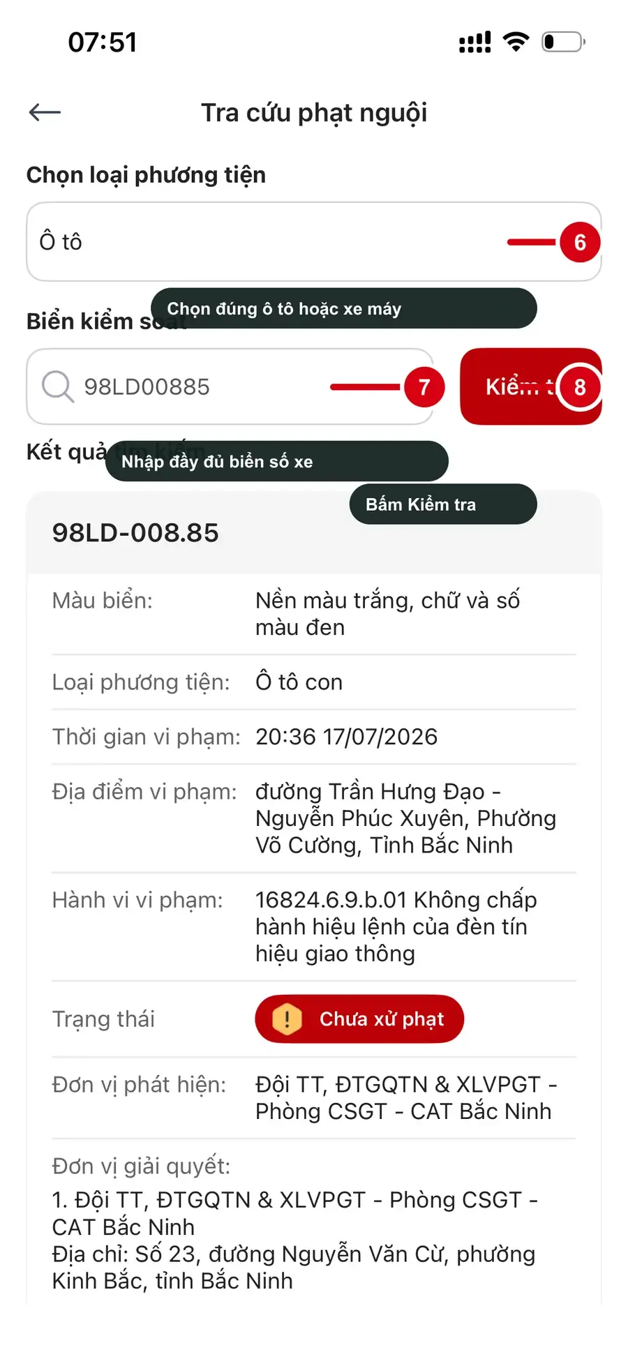 Cách chọn loại phương tiện, nhập biển số và bấm kiểm tra phạt nguội