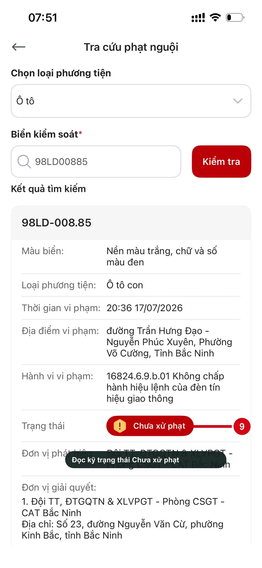 Kết quả phạt nguội có trạng thái chưa xử phạt trên VNeTraffic