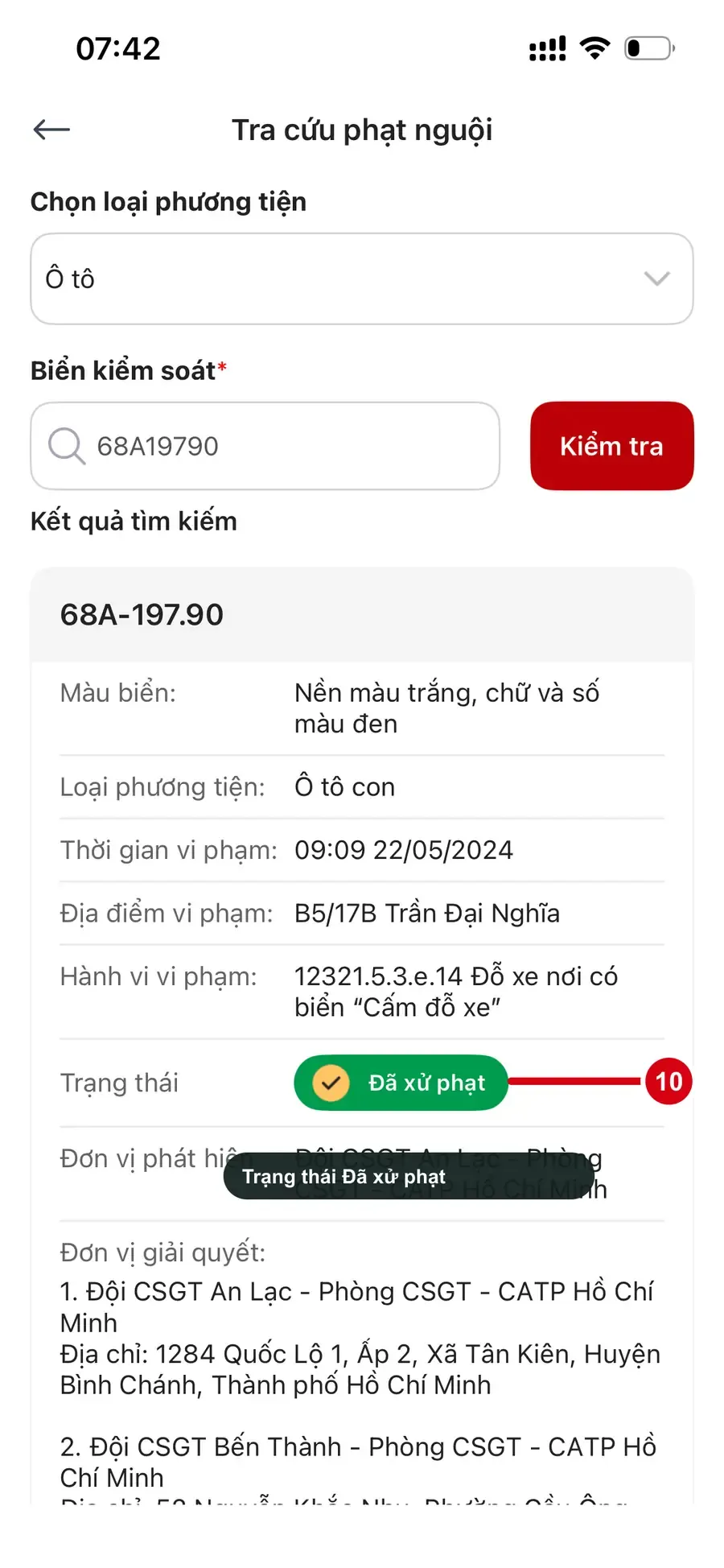 Kết quả phạt nguội có trạng thái đã xử phạt trên VNeTraffic