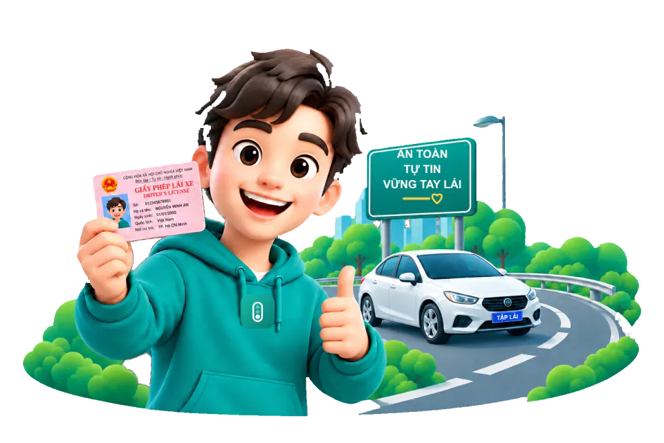 Học viên cầm giấy phép lái xe bên đường giao thông