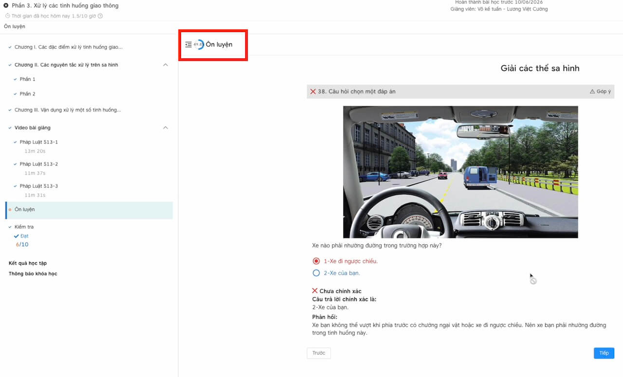 Màn hình ôn luyện câu hỏi lý thuyết GPLX online trên hệ thống của trung tâm